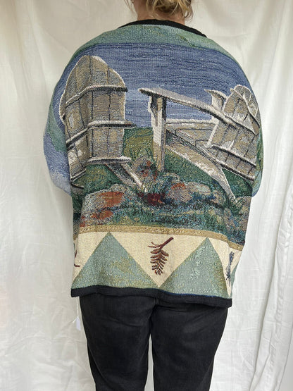 Still Waters - vintage tapestry jasje met aan de achterkant twee stoelen langs het water - maat L/XL