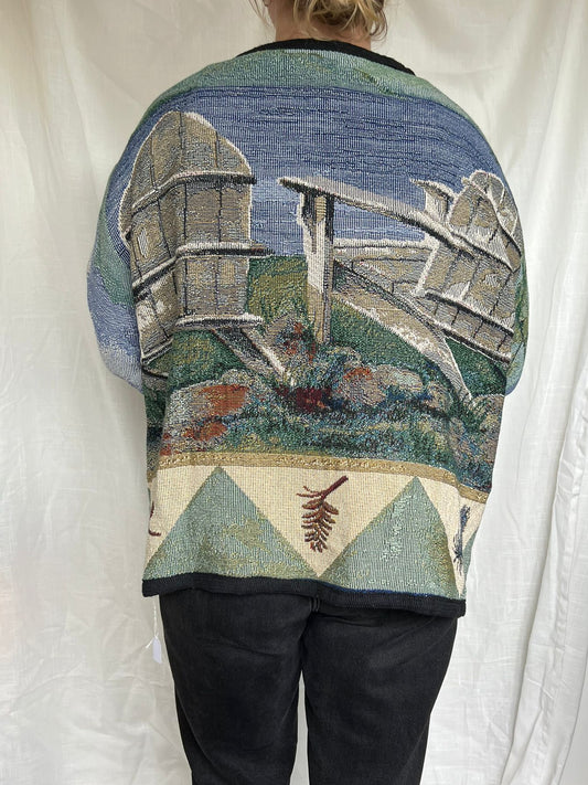 Still Waters - vintage tapestry jasje met aan de achterkant twee stoelen langs het water - maat L/XL
