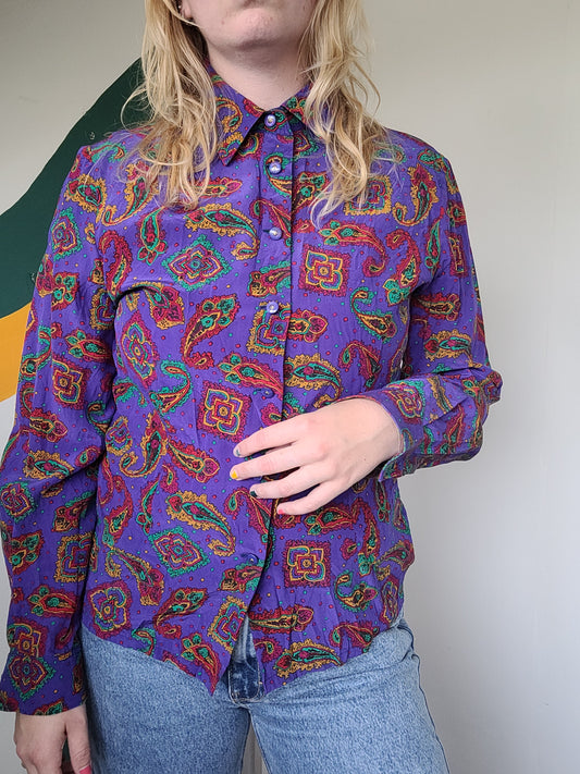 Funky Paisley - vintage blouse met funky gekleurd paisley patroon - maat M/L