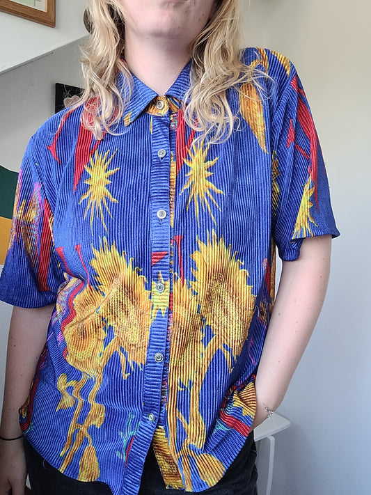 Sunspell Letters - vintage blouse van ribstof met o.a. zonnebloemen, zonnen en vlinders - maat L