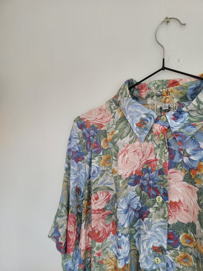Like a Painting - vintage blouse met opvallend, maar zacht, bloemenpatroon - maat L
