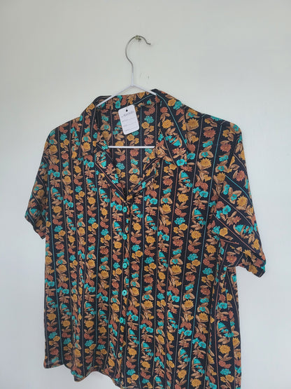Flower My Dear - vintage blouse met oranje/bruin bloemen patroon - maat S/M
