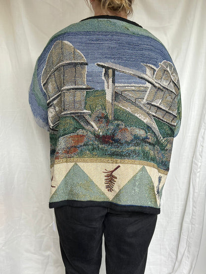 Still Waters - vintage tapestry jasje met aan de achterkant twee stoelen langs het water - maat L/XL
