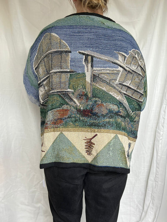 Still Waters - vintage tapestry jasje met aan de achterkant twee stoelen langs het water - maat L/XL