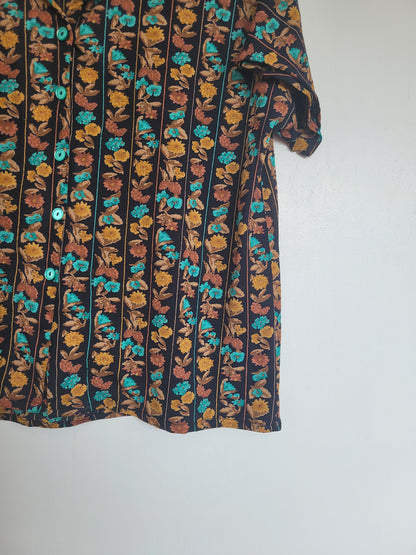 Flower My Dear - vintage blouse met oranje/bruin bloemen patroon - maat S/M