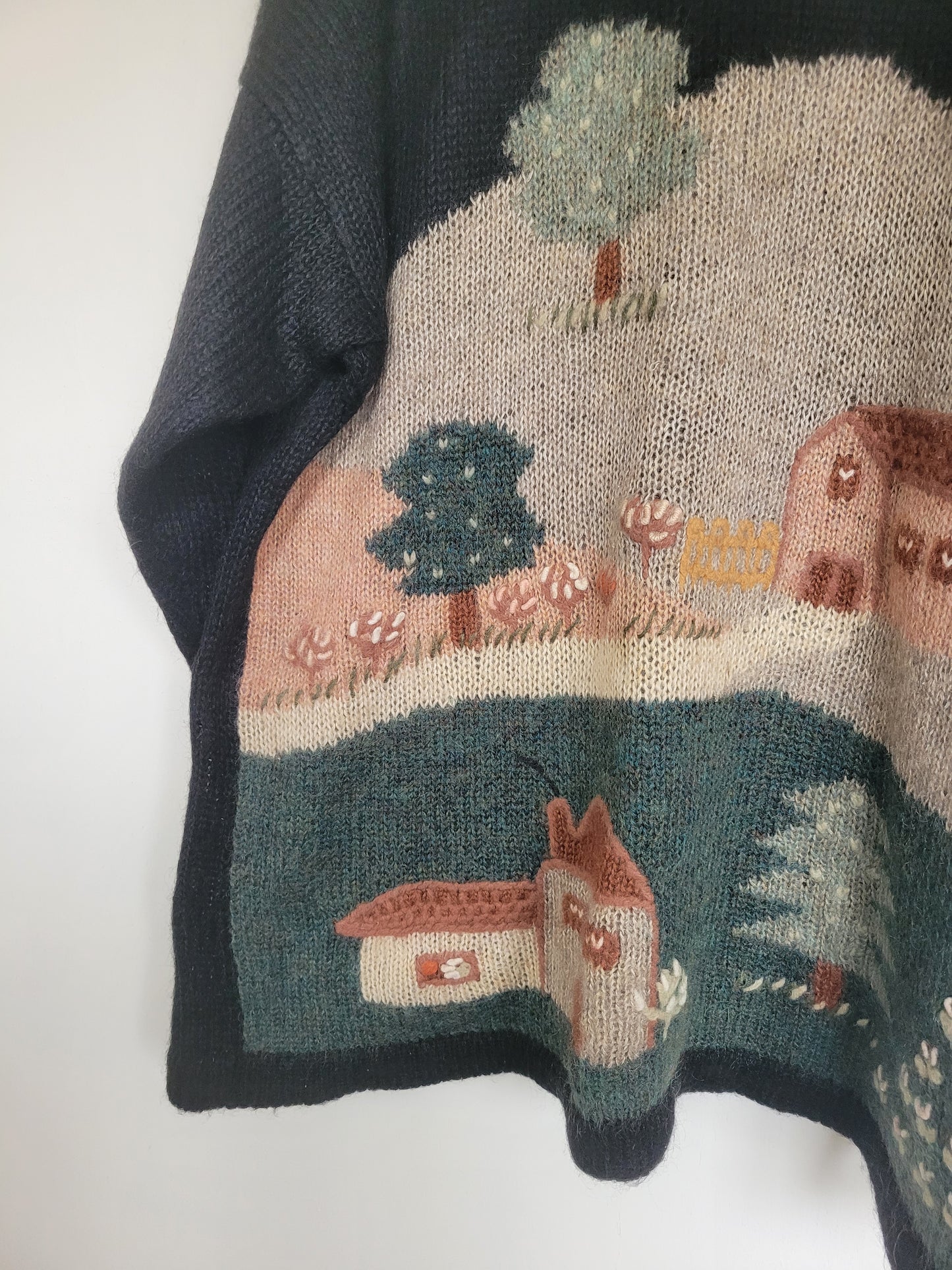 Whispers of the Village - vintage gebreide mohair trui met landschap - maat L/XL