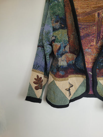 Still Waters - vintage tapestry jasje met aan de achterkant twee stoelen langs het water - maat L/XL