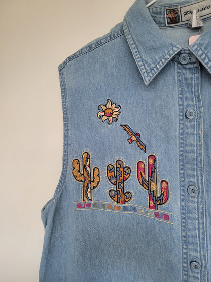 Sunset Stitch 🌞 - vintage denim gilet/blouse met geborduurde cactussen - maat M/L/XL