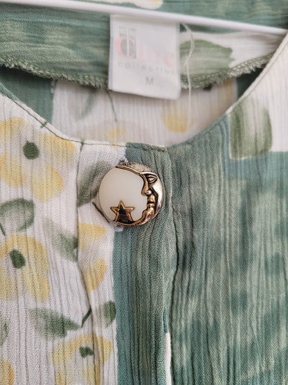Green Tulips - elegante vintage blouse met lichtgroen bloemen patroon - maat M