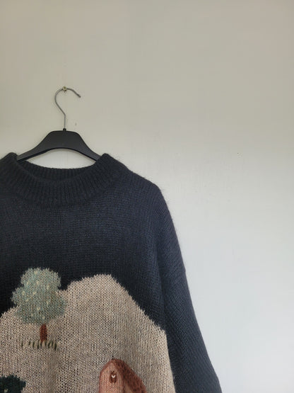 Whispers of the Village - vintage gebreide mohair trui met landschap - maat L/XL