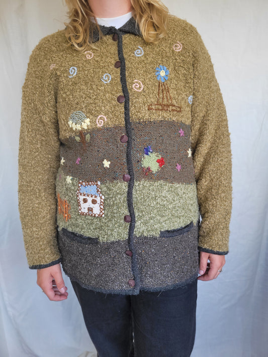 Garden's Edge - vintage vest met landschap en spiral borduursels - maat L