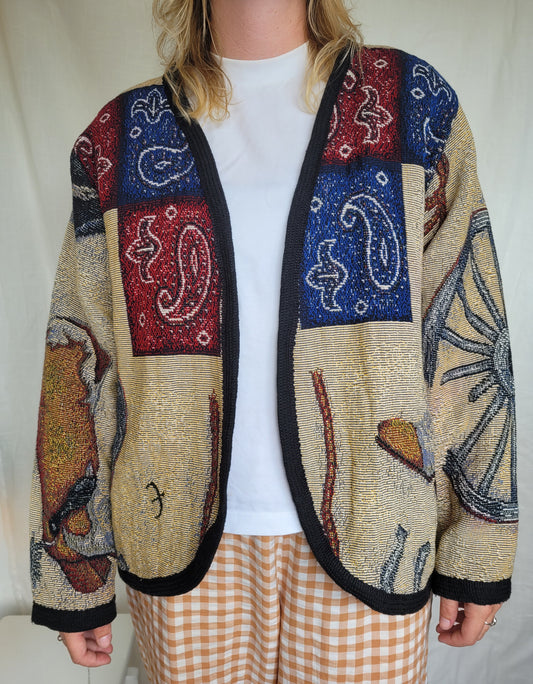 Cowboy’s Keepsake 🤠 - vintage tapestry jasje met verschillende western/cowboy afbeeldingen - maat L