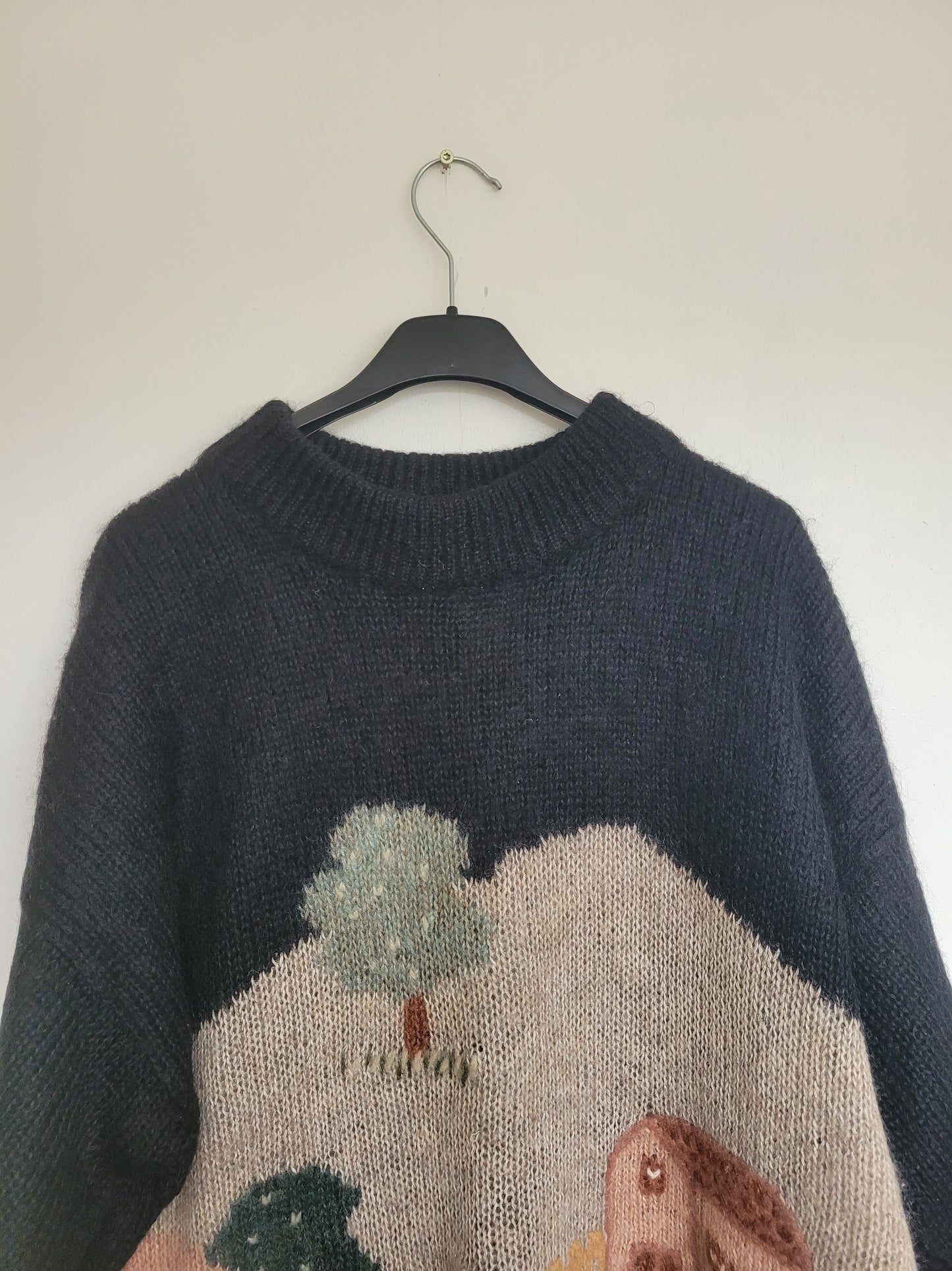 Whispers of the Village - vintage gebreide mohair trui met landschap - maat L/XL