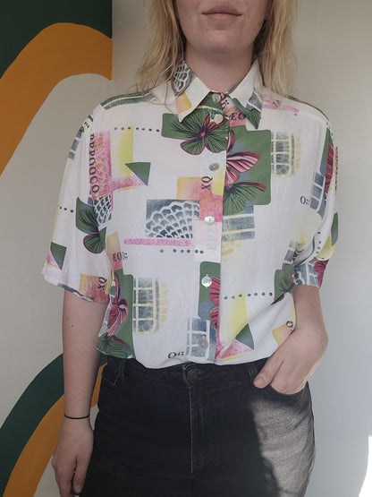 Funky and Free - vintage blouse met vlakken en bloemen patronen - maat L