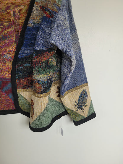 Still Waters - vintage tapestry jasje met aan de achterkant twee stoelen langs het water - maat L/XL