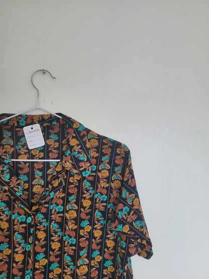 Flower My Dear - vintage blouse met oranje/bruin bloemen patroon - maat S/M