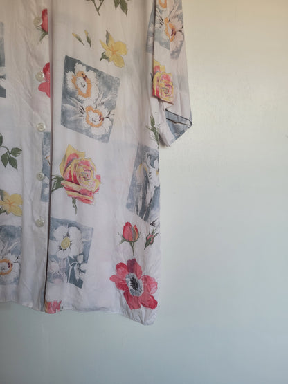 Just a Sketch - vintage blouse met geschetste bloemen afbeeldingen - maat XL