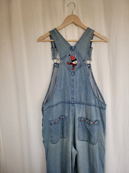 ❄️ Snowfolk Adventure - vintage dungarees with embroidered snowman - size L