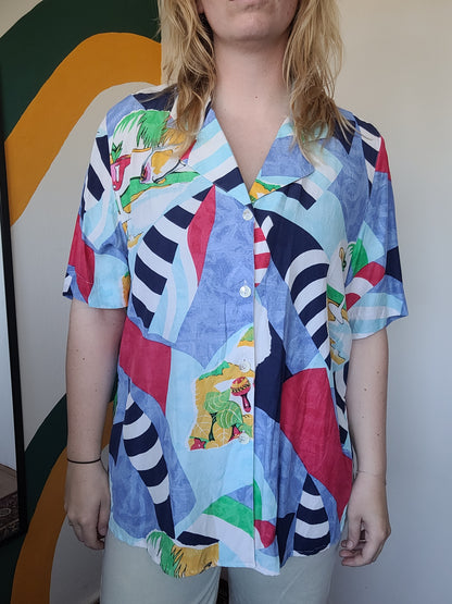 Cocktail 'o Clock! - vintage blouse met tropisch vakantie patroon - maat L