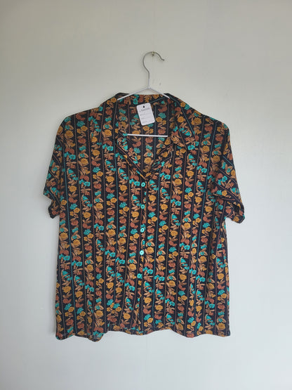 Flower My Dear - vintage blouse met oranje/bruin bloemen patroon - maat S/M