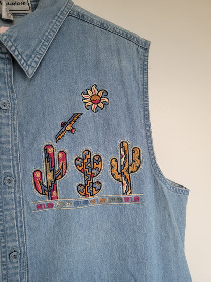 Sunset Stitch 🌞 - vintage denim gilet/blouse met geborduurde cactussen - maat M/L/XL