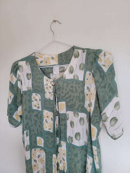Green Tulips - elegante vintage blouse met lichtgroen bloemen patroon - maat M