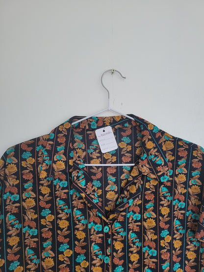 Flower My Dear - vintage blouse met oranje/bruin bloemen patroon - maat S/M